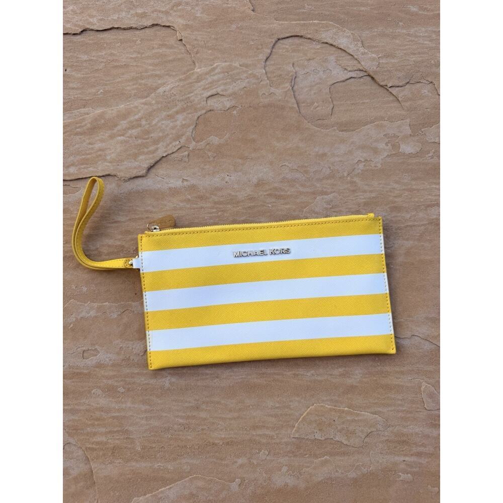 Michael Kors Jet Set Travel Yellow & White Stripe Leather Wristlet